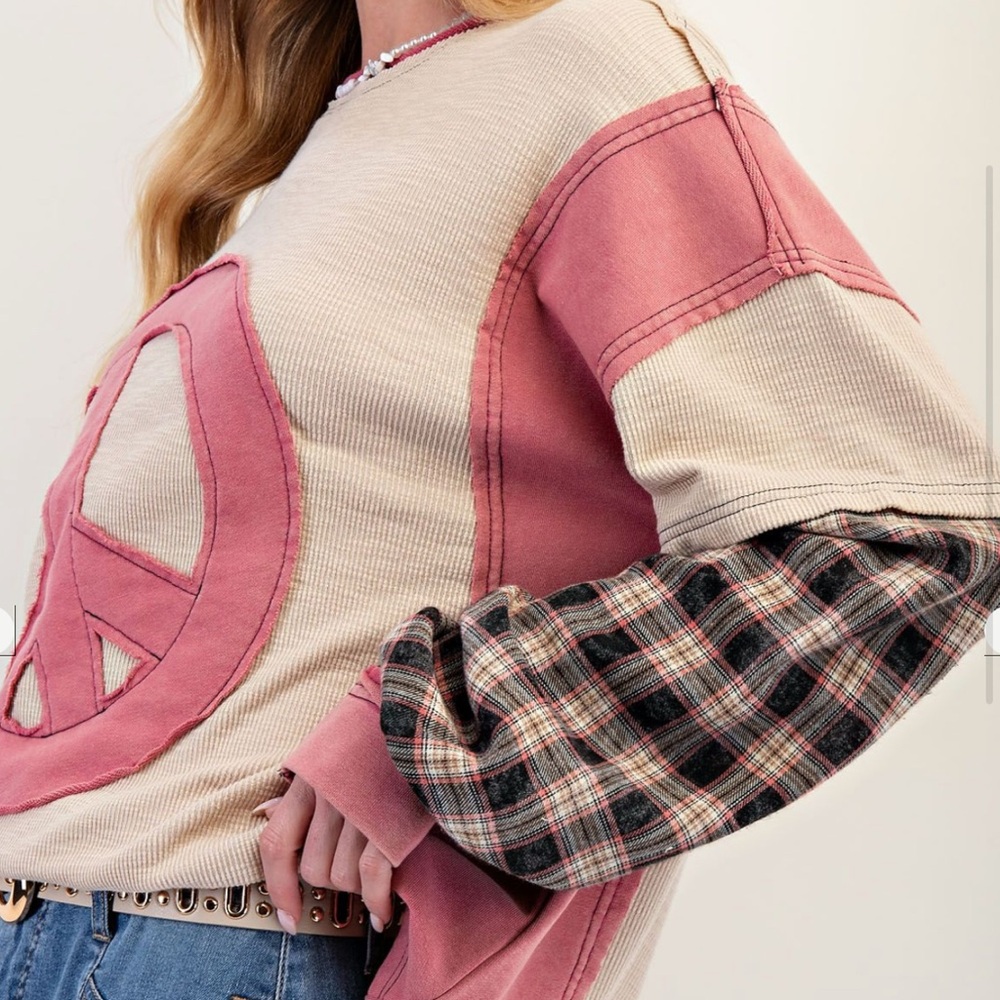 Easel Pink and Beige Peace Sign Sweater - Picture 3 of 5